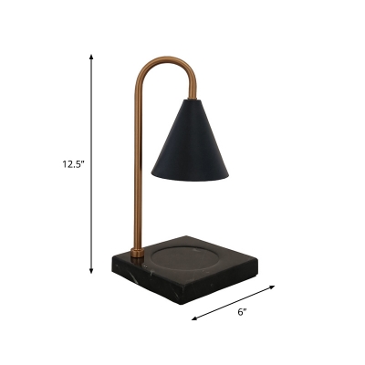 Black/White/Gold Gooseneck Table Light Postmodern 1-Light Metal Night Lamp with Cone Shade and Marble Saucer Base