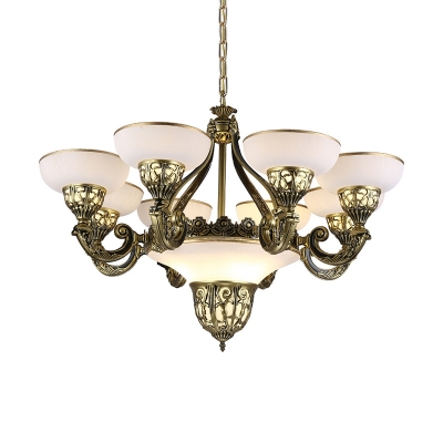 Bronze 11-Head Chandelier Traditional Frosted White Glass Bowl/Flared Ceiling Suspension Lamp for Bedroom
