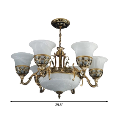 Bronze 9 Lights Suspension Lamp Antique Alabaster Glass Bell Chandelier Light Fixture