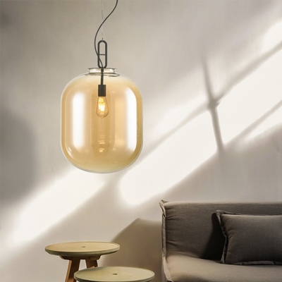 Capsule Ceiling Hanging Lantern Post-Modern Amber/Smoke Grey Glass Single Bedside Down Lighting Pendant, 9.5