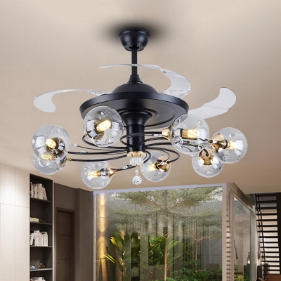 Clear Dimpled Glass Ball Semi Flush Contemporary 8-Bulb 4 Blades Hanging Fan Light in Black, 42