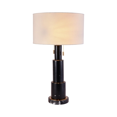 Drum Pull-Chain Table Light Simplicity Fabric Single Living Room Night Lamp with Tiered Marble Pedestal in Black/White