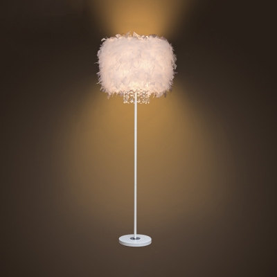 Drum Standing Floor Light Minimalist Feather Single Girls Bedroom Floor Lamp in White/Chrome with/without Crystal Strand