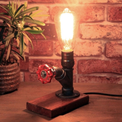 Factory Bifurcated Pipe Night Light 1 Bulb Metal Small Table Lighting in Silver with Valve