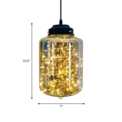 Globe/Oval/Bottle Smoke Glass Hanging Lamp Modern 1 Head Black/Chrome Pendant Lighting with Light String Inside