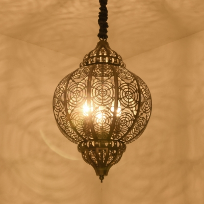 Hollowed-out Lantern Bistro Drop Lamp Moroccan Metal 3 Bulbs Bronze Chandelier Pendant