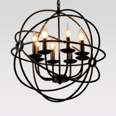 Industrial Globe Pendant Chandelier 6-Light Iron Hanging Light Fixture with Candle Design in Black