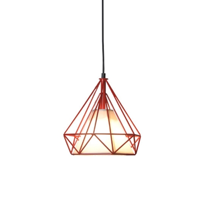 Iron Red/Blue/White Pendant Light Kit Diamond 1 Bulb Loft Style Hanging Lamp with Inner Cone Fabric Shade