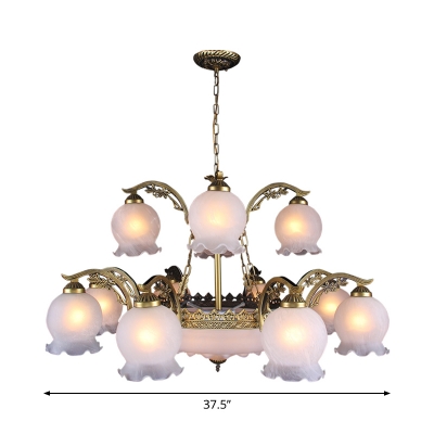 Ivory Frosted Glass Bronze Chandelier 2-Tier Ruffled-Trim Ball 15 Lights Traditional Ceiling Suspension Lamp