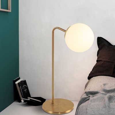 Ivory Glass Ball Table Light Postmodern 1/2-Light Nightstand Lamp with Bend/Curved/S Arm in Gold