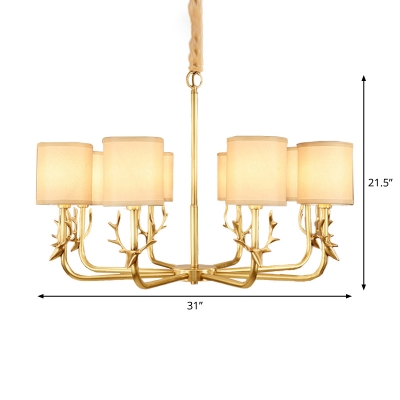Metal Deer Head Hanging Light Rural 3/6/8 Bulbs Living Room Chandelier Lamp in Gold with Cylinder Fabric Shade