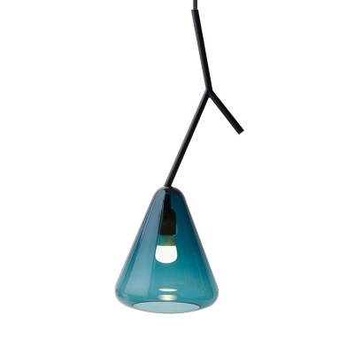 Modern Style Twig Pendant Lamp Iron 1-Light Dining Room Hanging Light with Cone Blue/White/Black Glass Shade