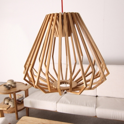 Nordic 1-Bulb Pendulum Light Beige Diamond Shaped Hanging Pendant with Wood Cage