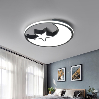 Nordic LED Flush Ceiling Light Black Moon and Star/Double-Semicircle/Heart Shaped Flush Mount Lamp with Acrylic Shade, Warm/White Light