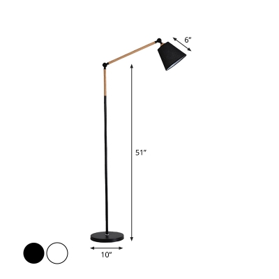 Nordic Swing Arm Task Floor Lamp Metal 1 Head Living Room Floor Reading Light with Cone Fabric Shade in Black/White and Wood