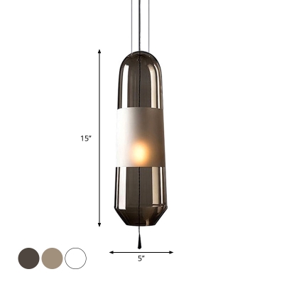 Pill-Capsule Shaped Bedside Pendant Lamp Clear/Smoke Grey/Amber Glass Single Minimalist Hanging Light with Pull Chain