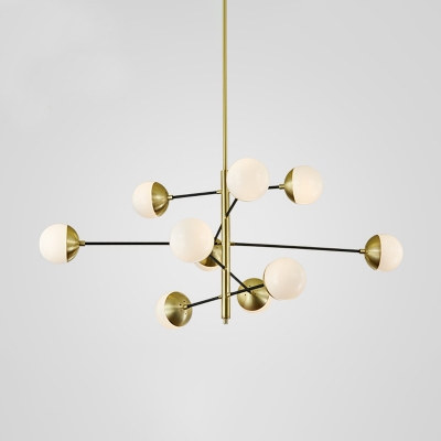 Postmodern Ball Chandelier Light White Glass 10 Bulbs Living Room Suspension Lamp with Tiered Arm in Gold