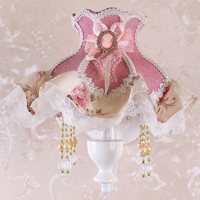 Princess Dress Girls Bedroom Wall Lamp Romantic Pastoral Fabric 1 Bulb Pink Wall Mounted Light with Beaded Drop