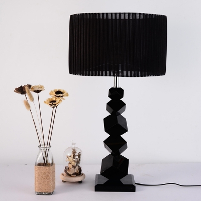 Rock Stone Night Lamp Modern Black Crystal 1 Light Bedside Table Light with Drum Pleated Fabric Shade, 12