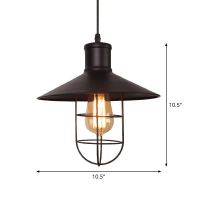 Single Metal Pendant Lighting Industrial Black Conical Dining Room Hanging Lamp Kit with Cage
