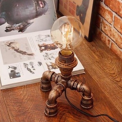Single Quadpod/Robot/Tripod Night Lamp Industrial Bronze Iron Table Lighting with Cage/Open Bulb Design for Bedroom