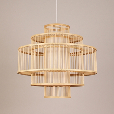 Single Restaurant Pendant Light Asian Beige Hanging Lamp with 3-Layer Bamboo Cage, 16