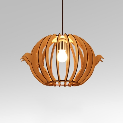 Spherical Birdcage Pendant Light Modern Carved Wood 1 Bulb Beige Ceiling Suspension Lamp, 16.5