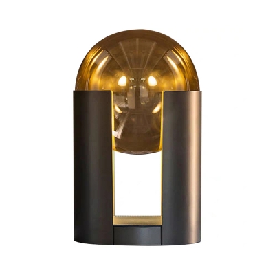 Spherical Nightstand Light Mid-Century Amber Glass Single Bedside Table Lamp with Open Cylinder Base in Black