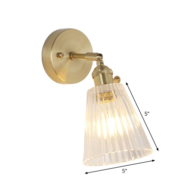 Tapered Shade Rotating Wall Lamp Kit Postmodern Clear Ribbed/Lattice Glass Single-Bulb Bedroom Wall Light in Gold