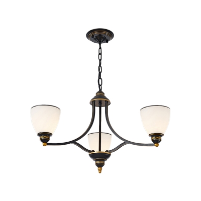 Traditional Bell Pendant Lighting 3/5/8 Bulbs Ivory Glass Up Chandelier Lamp in Black/Gold for Parlor