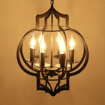 Vintage Lantern Hanging Light 6 Bulbs Iron Chandelier Light Fixture in Black for Restaurant