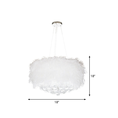 White Drum Chandelier Lamp Minimalist 3/9/11 Heads Feather Hanging Pendant Light with Beveled Cut Crystal Orb, 16