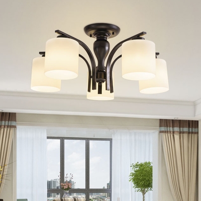 White Glass Black Semi Flush Light Cylindrical 3/6/8 Heads Vintage Ceiling Mount Chandelier for Bedroom