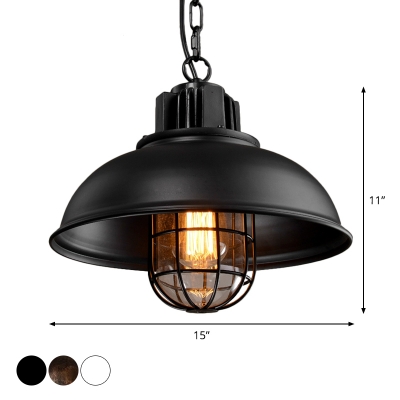 White/Rust Bowl Ceiling Pendant Light Farmhouse Metal Single Bistro Pendulum Light with Cage and Clear Glass Shade