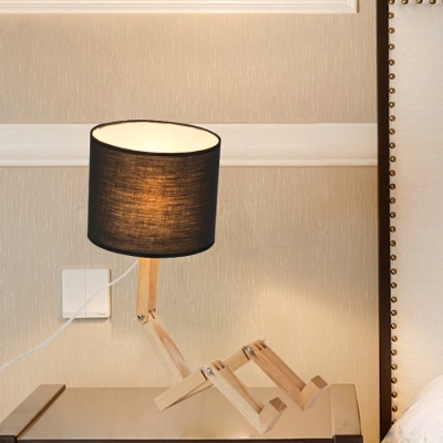 Wooden Robot Table Light Modern 1 Light Black/White/Beige Night Lamp with Cylinder Fabric Shade and Book Rack Function