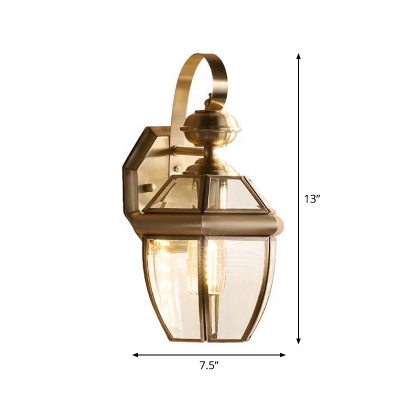 1 Head Wall Lamp Fixture Antiqued Oval/Conical Clear Glass Wall Mount Light with Scroll Arm in Brass