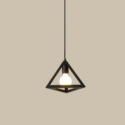 1-Light Down Lighting Pendant Industrial Studio Hanging Light with Cylinder/Triangle/Square Iron Cage in Black