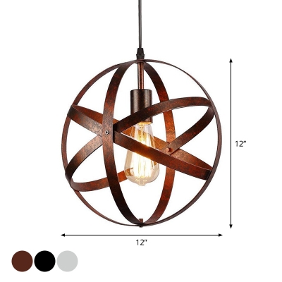 1-Light Strap Globe Pendulum Light Industrial Black/Silver/Rust Iron Hanging Light Fixture over Table