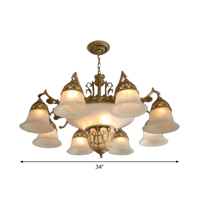 11 Heads Morning Glory Chandelier Antique Bronze Opaline Frosted Glass Suspended Lighting Fixture
