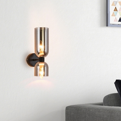 2 Lights Bedside Wall Lamp Kit Postmodern Black/Gold Sconce Lighting with Double-Cloche Milk/Smoke Glass Shade
