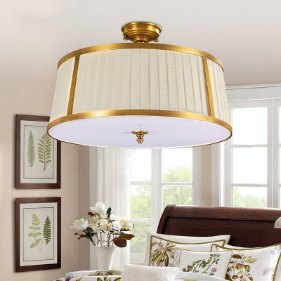 4 Bulbs Close to Ceiling Light Vintage Drum Shaped Pleated Fabric Flush Mounted Lamp in Brass