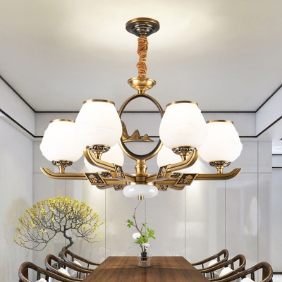 6 Heads White Glass Chandelier Vintage Gold Tulip Bud Shaped Dining Room Suspended Lighting Fixture