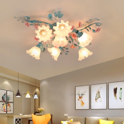 7 Bulbs Semi Flush Mount Lamp Pastoral Floral Frosted Glass Ceiling Light Fixture in White/Pink