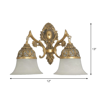 Antique Flared Shade Wall Lamp 2 Lights Opaline Frosted Glass Wall Mounted Light Fixture in Bronze