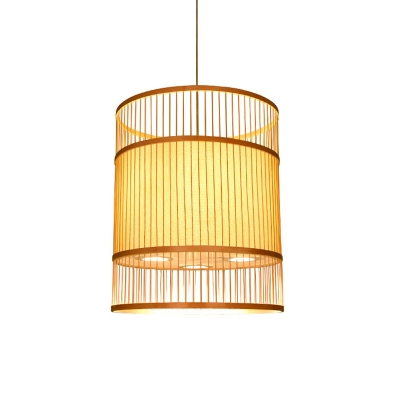Barrel Shaped Restaurant Drop Lamp Bamboo 1 Bulb Contemporary Commercial Pendant Lighting in Beige
