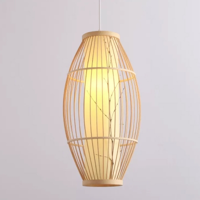 Beige Spheroid Hanging Light Kit Chinese 1 Light Bamboo Suspension Pendant with Faux Parchment Shade Inside