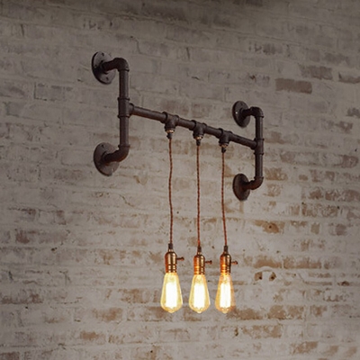 Black 3-Head Wall Light Fixture Warehouse Iron Bare Bulb Design Wall Mounted Lamp with Bracket