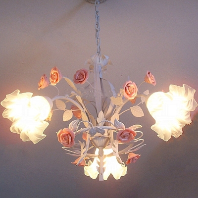 Blossoming Flower White Glass Pendant Light Countryside 3 Bulbs Kitchen Ceiling Chandelier in Pink