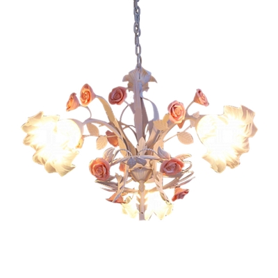Blossoming Flower White Glass Pendant Light Countryside 3 Bulbs Kitchen Ceiling Chandelier in Pink