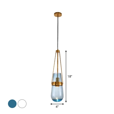 Blue/Clear Glass Droplet Pendant Light Mid-Century 1 Bulb Ceiling Suspension Lamp with Gold Bracket